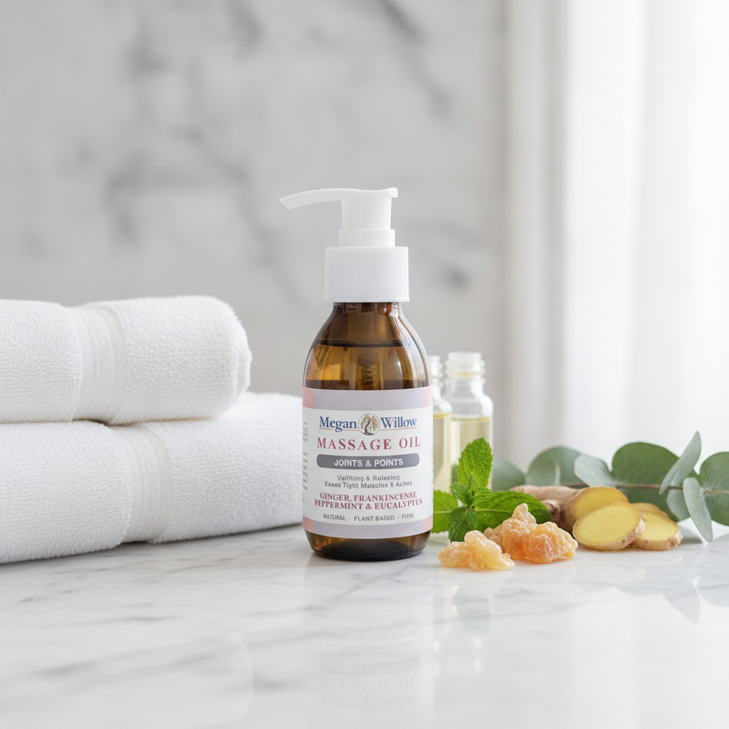 Megan & Willow Massage Oil Joints & Points bottle on a white marble surface with folded white towels, eucalyptus leaves, ginger root, and a small clear bottle in the background. Natural ginger, peppermint and eucalyptus massage oil for joints by Megan & Willow