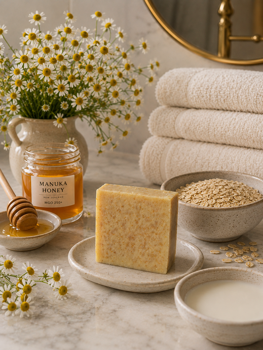 A styled spa-like scene with a rectangular bar of handmade soap on a small dish, surrounded by rolled towels, a jar of Manuka honey, oats, milk, and a vase of white daisies on a marble surface.  Handmade goats milk, oat and chamomile soap bar by Megan & Willow Soaps & Skincare