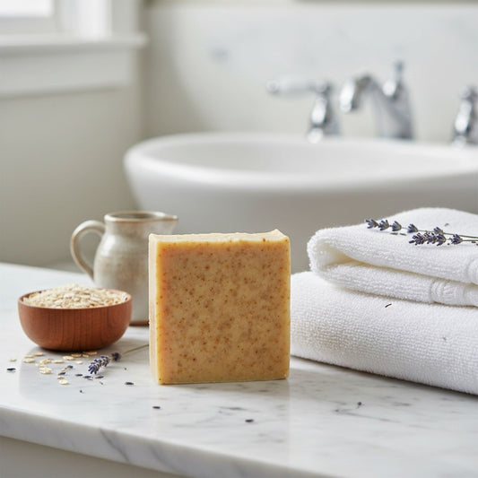 A rectangular bar of speckled yellow-beige soap stands on a white marble bathroom counter beside folded white towels, a small bowl of oats, and lavender sprigs, with a blurred sink and faucet in the background.  Handmade lavender goats milk and oat soap bar by Megan & Willow Soaps & Skincare