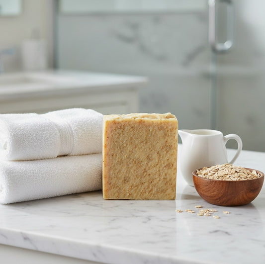 A rectangular bar of natural oatmeal soap stands on a white marble countertop next to folded white towels, a small white pitcher, and a wooden bowl of oats, with a softly blurred bathroom background.  Gentle unscented goats milk and oat soap bar for sensitive skin by Megan & Willow