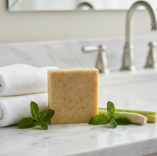 Natural lemongrass and peppermint exfoliating soap bar with apricot seed powder by Megan & Willow.  Bar of soap sitting on white marble top with white folded towels, fresh lemongrass and mint leaves by it.