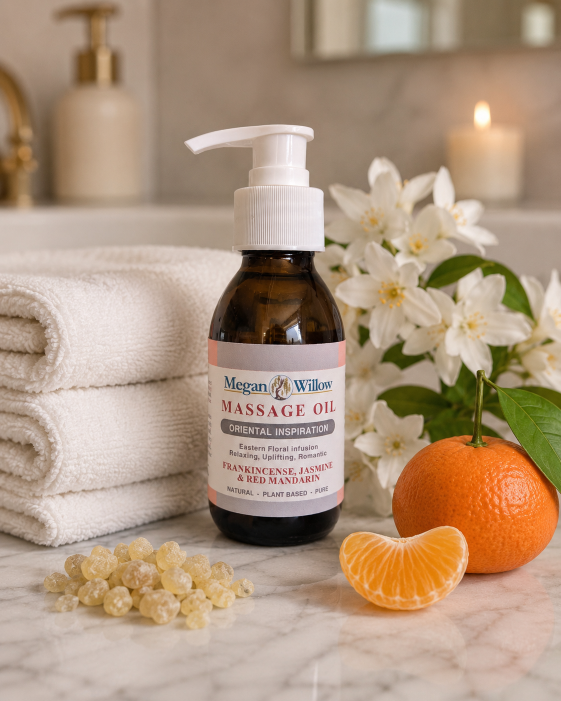 Luxurious frankincense, jasmine and red mandarin massage oil by Megan & Willow.  A glass bottle sitting on marble worktop with folded towels, fresh flowers, mandarin and frankincense sitting on worktop too.