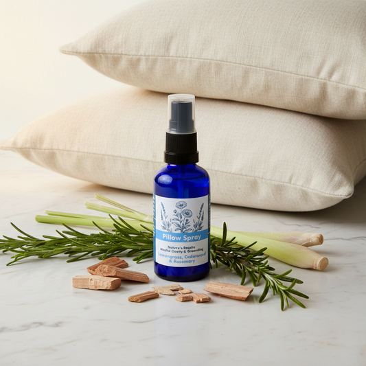A cobalt blue glass spray bottle labeled 'Pillow Spray' stands on a white marble surface, styled with rosemary sprigs, cinnamon sticks, and lemongrass, with two cream-colored pillows in the background.
