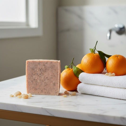 Handmade sweet orange and frankincense exfoliating soap bar by Megan & Willow.  Bar of soap sitting on marble white table top with fresh oranges, frankincense and folded white towels.