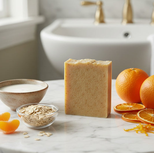 A rectangular bar of oatmeal-colored soap stands on a white marble countertop, surrounded by ingredients that suggest its scent or ingredients: whole oats in a small glass bowl, a bowl of white lotion or milk, orange slices, and whole oranges. In the background, a white sink with gold faucet handles is softly blurred.