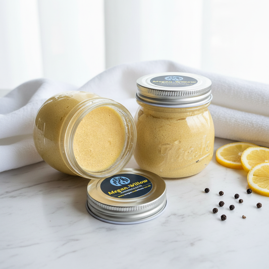 Two glass jars of Megan & Willow Lemon, Black Pepper & Litsea Cubeba Sugar Scrub on a marble surface with white linen, folded towels and lemon slices
