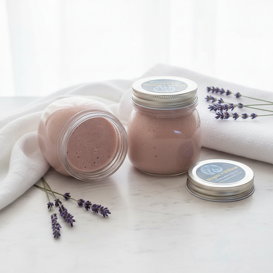 Two glass jars of Megan & Willow Patchouli & Lavender Sugar Scrub styled on a marble surface with white linen and lavender sprigs