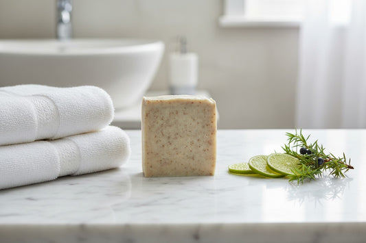 Bar of soap on a marble surface with white towels and greenery in the background of sliced limes and juniper berries and leaves.  Natural juniper and lime exfoliating soap bar on marble by Megan & Willow