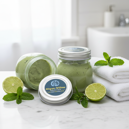 Megan & Willow Sugar Scrub in a glass jar sitting on a white marbled top with white folded towels and fresh sliced limes and peppermint leaves.